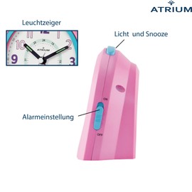 Atrium Kinder Wecker Analog Quarz ohne Ticken mit Licht und Snooze Rosa Türkis A921-17