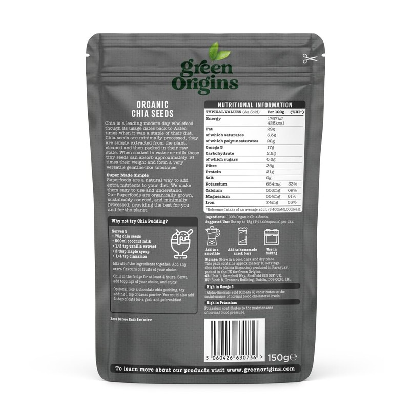 Green Origins Organic Chia Seeds, Raw 150g