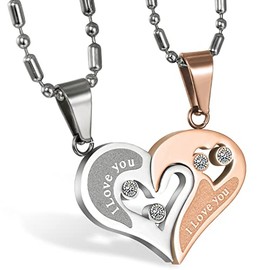 Cupimatch Couple Heart Necklace for 2 Men Women Stainless Steel I Love You Heart Rhinestone Puzzle Matching Pendant Pair Necklace with 50 cm & 55 cm Chain Partner Bracelets, Stainless Steel, Cubic