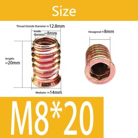 Aoktorkit 20Pcs Threaded Insert Nuts M8*20 Furniture Hex Drive Nuts Flat Head Threaded Rivet Nuts Screw-in Nuts for Wood Furniture