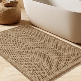 Waffle Bath Mat, Boho Woven Modern Bath Rug Absorbent Non Slip, Ultra Soft Bathroom Mats, Machine Washable Knit Bath Rugs with Herringbones for Bathroom, Bedroom, Kitchen, Shower, Tub,32"x20", Beige