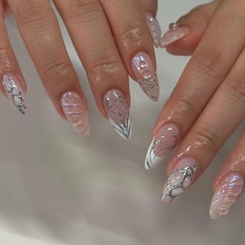 Press on Nails Medium Almond MABKJLF French Tip Fake Nails Nude Full Cover False Nails with Silver Heart Designs 3D Water Ripple Y2k Acrylic Nails Glossy Glue on Nails Artificial Nails for Women Girls