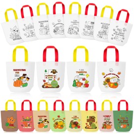 Fall Coloring Goodie Bags for Kids - 24Pcs Autumn Religious Theme Bulk Color Your Own Gift Bags with Handle Thanksgiving Reusable Coloring Bags Non Woven Tote Bag for DIY Crafts Painting Party Favors