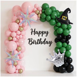 Dark Green and Pink Balloons Arch Set for Wicked-Themed Party, 160Pcs Dark Green, Baby Pink, Black, Gold, Clear Bobo, Witch Hat, Crown, and Exploding Star Balloons Kits for Birthday Decoration