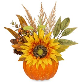 Hollyone 35CM Autumn Decorations, Yellow Pumpkin Floral Arrangement, 12.9'' Artificial Pumpkin Centerpiece for Living Room, Dining Table, Shelf, Garden, Wedding, Thanksgiving, Harvest Decorations