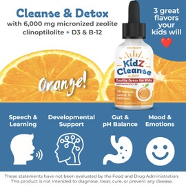 Kidz Cleanse | Zeolite Detox for Kids | Development, Behavior, Energy and Gut Health Support Supplement | Easy to Take, Pure Liquid Zeolite Drops + Methyl B12 + D3 (Orange Flavor) - 2oz