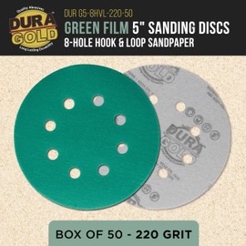 Dura-Gold Premium 220 Grit 5" Green Film Sanding Discs, 8-Hole Pattern, Box of 50 - Dustless Hook & Loop Backing Sandpaper for DA & Random Orbital Sanders, Sand Automotive Paint Woodworking Furniture