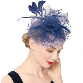Women Ladies Fascinator Hat Feather Mesh Flower Wedding Party Hat Derby Hat with Clip and Hairband Retro Cocktail Tea Party Headwear Bridal Church Fascinator Head Piece Headwear Navy Blue