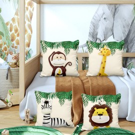 Aoihrraan 16 x 16 Inch Cute Cartoon Animal Cushion Covers Forest Monkey Giraffe Floral Plant Beige Soft Short Plush Square Baby Throw Pillow Cover Children'S Party Kid Sofa Bed Car, 40x40cm Set of 4