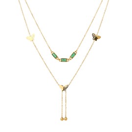 TaYolnFaSo 18K Gold Double Layered Y Lariat Necklace Emerald Cut Green CZ Choker Butterflies Lariat Necklace Jewelry Gift for Women