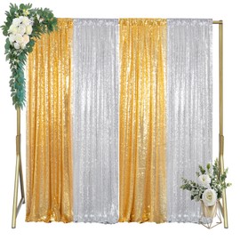 4 Panels 2FTx8FT Gold & Silver Sequin Backdrop Curtain | Sparkling Party Decor | Photo Booth Background for Events, Weddings, and Celebrations