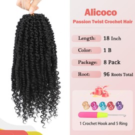 Alicoco Passion Twist Crochet Hair 18 Inch Passion Twist Hair Pre Looped 8 Packs Spring Twist Crochet Braids with Curly Ends Pre-Twisted Crochet Hair for Women (1B)