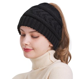 PFFY Ponytail Beanie Hat for Women Winter Warm Knit Beanies High Bun Hat Skull Cap Black (Ponytail)