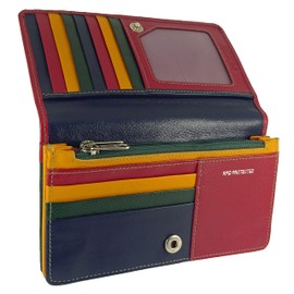 Hide and Sleek Ladies RFID Leather Flapover Matinee Organiser Purse for 14 Cards, Notes/Coins (Red Multi)