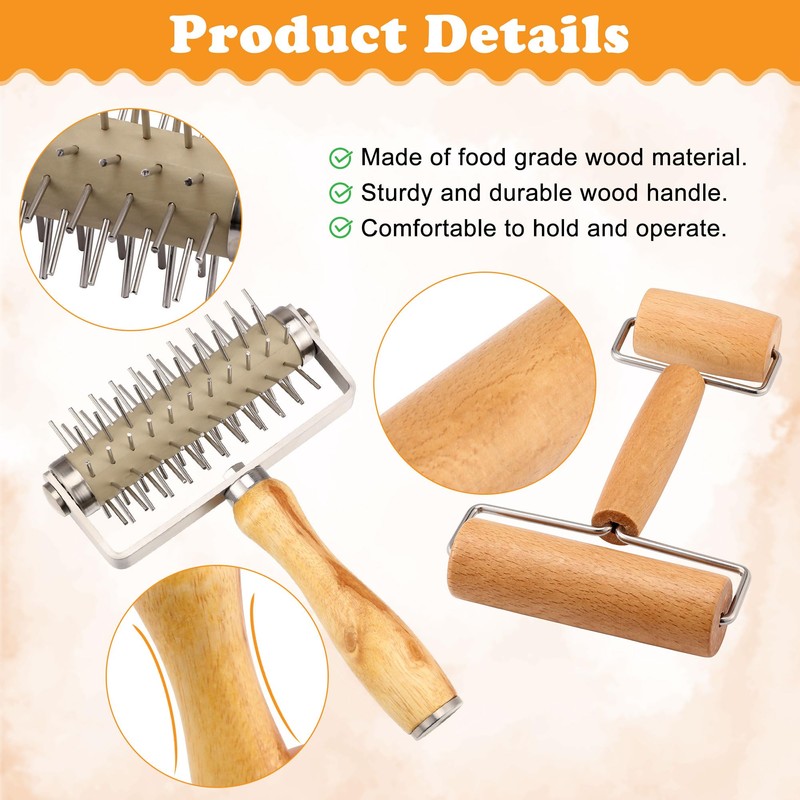 2Pcs Pizza Dough Roller & Dough Docker, Wood Rolling Pin