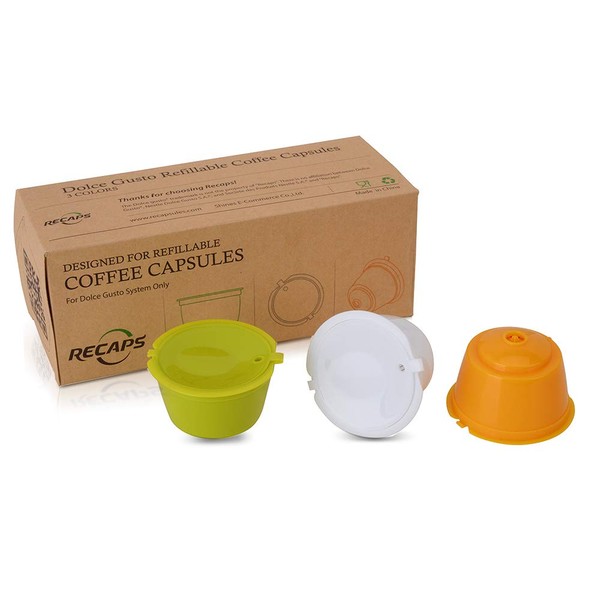 RECAPS Refillable Reusable Coffee Pods Compatible with Dolce Gusto Brewers 3 Pack (Yellow Green White)