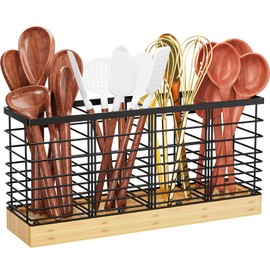 Yirilan Large Kitchen Utensil Holder, Cooking Utensil Holder for Counter, Cooking Holder for Spatula with Wooden Base, Kitchen Countertop, Farmhouse Cooking Utensil Storage (4 Compartments)