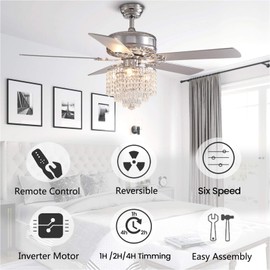 MOOONICHE 52" Modern Fandelier, Crystal Ceiling Fan with Lights and Remote, Sliver Elegant Chandelier Fan Light with 5 Wooden Dual-Sided Blades for Bedroom Living Room,6 Speed Reversible Motor,Timing