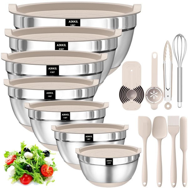 AIKKIL Mixing Bowls with Airtight Lids, 20 piece Stainless Steel Metal Nesting Bowls, Non-Slip Silicone Bottom, Size 7, 3.5, 2.5, 2.0,1.5, 1,0.67QT Great for Mixing, Baking, Serving (Khaki)