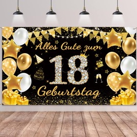 18th Birthday Decoration Banner Girls Boys - Black Gold Happy 18th Birthday Background Banner, Large Birthday Banner for 18 Years Birthday Decoration 180 x 110 cm