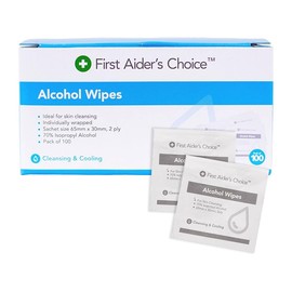 First Aider's Choice Alcohol Wipes, 70% Isopropyl Alcohol, Pack of 100, 65mm x 30mm