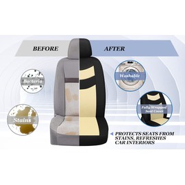 Universal Car Seat Covers for Front Seats, Cloth Front Car Seat Cover, Easy to Install, Breathable and Washable Universal Interior Covers for Auto, SUV, Sedan, Van, Airbag Compatible, Black & Beige