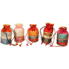 Lot Of Five Drawstring Potli Bags with Brocade Weave – Art Silk