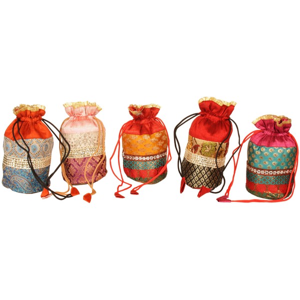 Lot Of Five Drawstring Potli Bags with Brocade Weave –