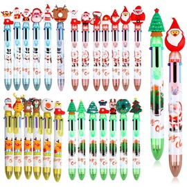 LATERN Pack of 27 Christmas Ballpoint Pens, 6-in-1 Multicoloured Retractable Shuttle Pen, 16 cm, Christmas Tree, Snowman, Reindeer, Santa Claus, Rollerball Pen for Stocking Filler Party Gifts (27