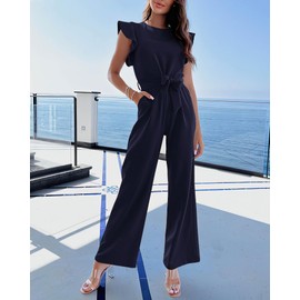 BTFBM - Overol para mujer, cuello redondo, manga casquillo con volantes, cinturón de cintura alta, pierna ancha con bolsillos, traje casual de una pieza, marino, XXL