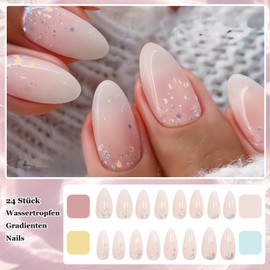 Pack of 24 False Nails Pink White Fingernails for Sticking, Medium Oval Fake Nails with Nail Nail Glue - Full Cover Flash Nail Design, DIY Nails for Women with Artificial Nails