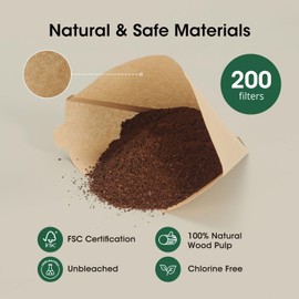 Coffee Filters #4, ONIOU Number 4 Cone Coffee Paper Filters 8-12 Cup Unbleached, 200 Count - Natural Coffee Filters 4 Cone Paper for Most Coffee Makers & Pour Over