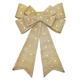 Pre-lit Gold Christmas Bow - Flashing, Dimmable LEDs, Timer,Remote Control, Long Life, Sticky Pads - 22 Inch Gold Xmas Door Bow/Christmas Tree Topper, Xmas Wreaths Alternative