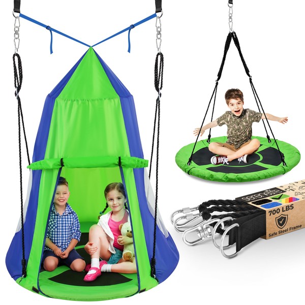 SereneLife 40" Kids Hanging Tent Swing, Circle Swings for Outside w/Detachable Tent & Swinging Swivel Spinner,Green/Blue