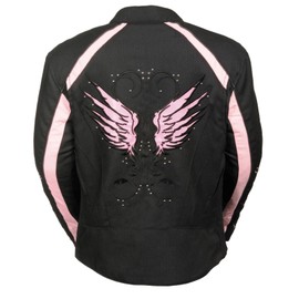 Women's Motorcycle Black Textile Vented Jacket W/Stud Reflective Wings & Piping (M Pink)