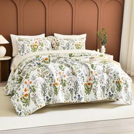 Lady Ann 100% Cotton Floral Quilt Sets Queen - Yellow Flowers & Leaves Pattern Plant Botanical Printed Quilted Bedding, 3 Pcs Lightweight Extra Soft Queen Bedspread Coverlet Set for All Season