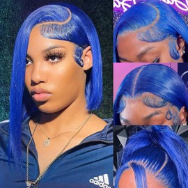 16 Inch Blue Bob Wigs Human Hair 13X4 Long Straight Dark Blue Bob Wig Human Hair HD Lace Frontal Wigs With Baby Hair Natural Hairline Wear and Go Glueless Colored Bob Wig Pre Plucked for Women