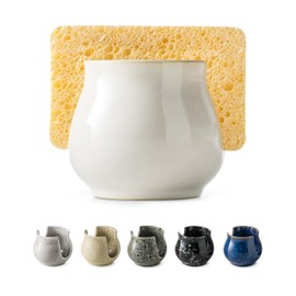 Zoeeker Sponge Holder for Kitchen Sink Counter, Ceramic Dish Sponge Caddy White Sink Organizer Farmhouse Brush Holder for Bathroom, Kitchen, White