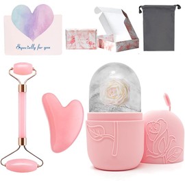 Face Ice Compress Scraping Gift Box, incluye rejilla de hielo de silicona para compresas faciales, rodillo de cristal en polvo, tabla de raspado de cristal en polvo, etc. Usted puede dar masaje facial, conveniente para el regalo de cumpleaños, Navidad, dí