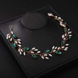 Teyglen Bridal Wedding Hair Vine Pearl and Crystal Headband Handmade Red Green Black Crystal Pearl Hair Pieces Wedding Hair Accessories for Women Prom Festival Headpieces (Peacock green)
