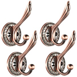 Ruiziiz Vintage Red Bronze Coat Hooks 4 Pack, Heavy Duty Double Wall Hooks for Hanging Towel Robe Hat Bag, Decorative Metal Hooks for Bathroom Kitchen Closet