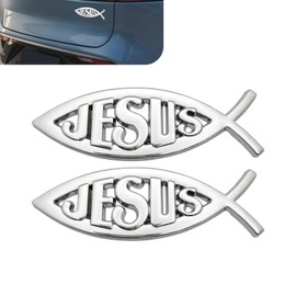 Bawkars 2-Pack Jesus Fish Car Emblem, 3D Chrome Aluminum Alloy Christian Symbol, 3.94"x1.34" Waterproof Religious Badge - Easy Peel & Stick (Silver)