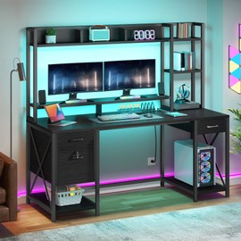 YITAHOME Computer Desk with Drawers & Hutch, 59.1" Office Desk with LED Lights & Power Outlets, Gaming Desk with Monitor Stand & Storage Shelves, Black