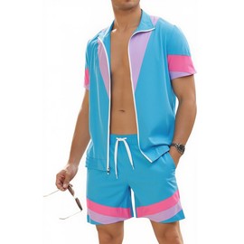UOUA 80s Outfit for Men 90s Color Block Costumes 2 Piece Retro Short Sleeve Jacket & Shorts Set for Party Blue L