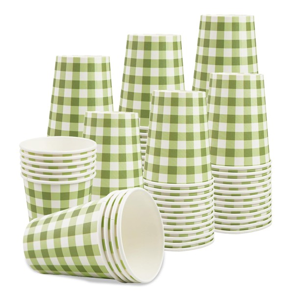 120Pcs Sage Green and White Gingham Paper Cups - 9oz