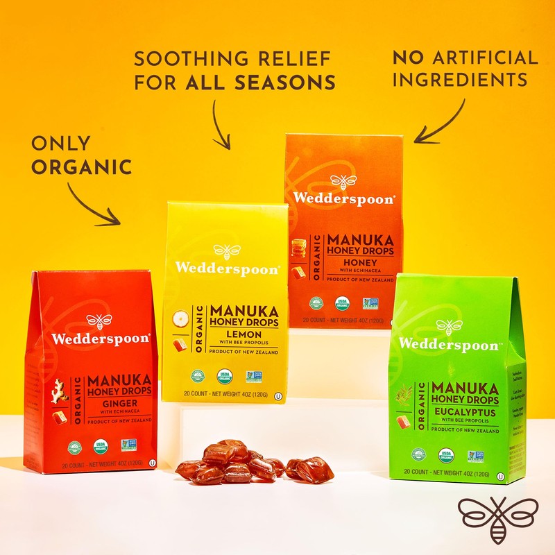 Wedderspoon Organic Manuka Honey Drops, Eucalyptus & Bee Propolis, 20