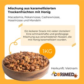 Nuss-Mischung 1 Kg, Nussmix, mit Honig karamellisiert (Cashewnüsse, Mandeln, Macadamianüsse, Pekannüsse) Gemischte Nüsse, karamellisiert mit Honig 1 kg | Verschiedene | Süßer Snack-Mix | Dorimed