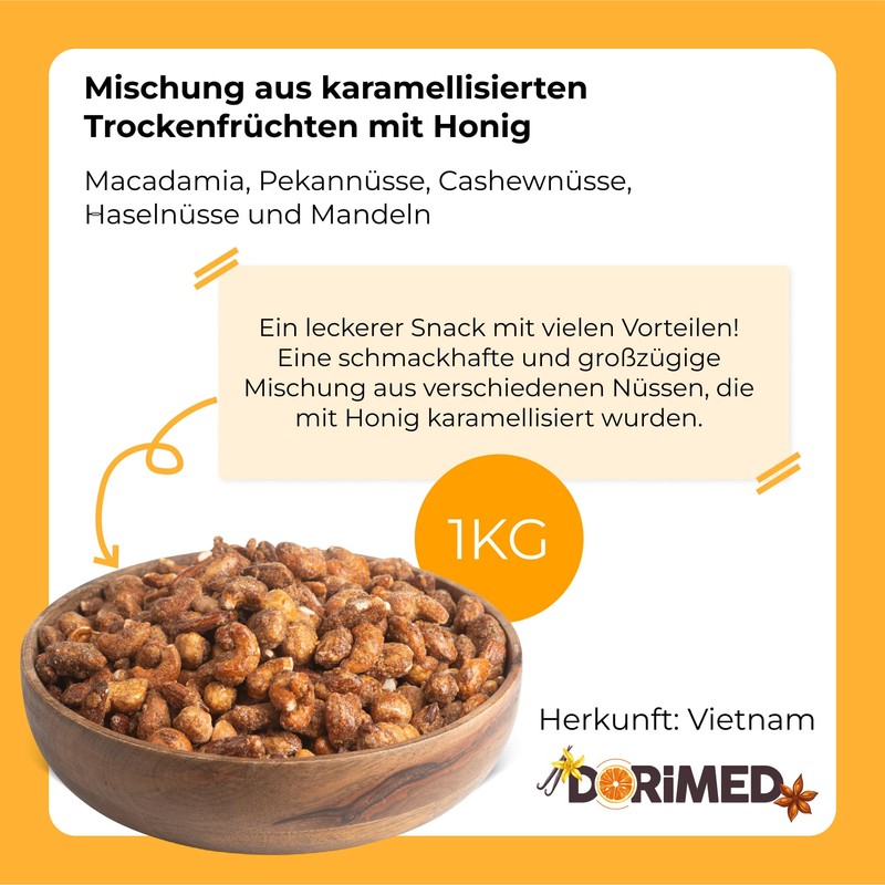 Nuss-Mischung 1 Kg, Nussmix, mit Honig karamellisiert (Cashewnüsse, Mandeln, Macadamianüsse,