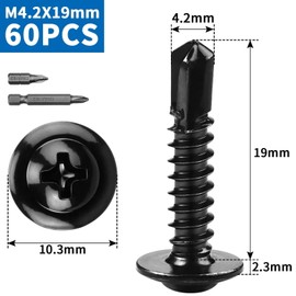 TXXATX Self Tapping Screws Metal M4.2x19 mm Self Drilling Screws 410 Stainless Steel Wafer Head Screws Black Roofing Screws 60 Pcs Self Tapping Screws for Metalwork Wood Maintenance Furniture