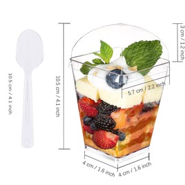 Sohapy 100 Pack 5 oz Parfait Cups with Lids and Spoons Tall Square Food Grade Clear Plastic Dessert Tumbler Cups for Tiramisu,Cakes,Ice cream,Parfait, Dip, Sundaes,and Cookies (100 with Lids)